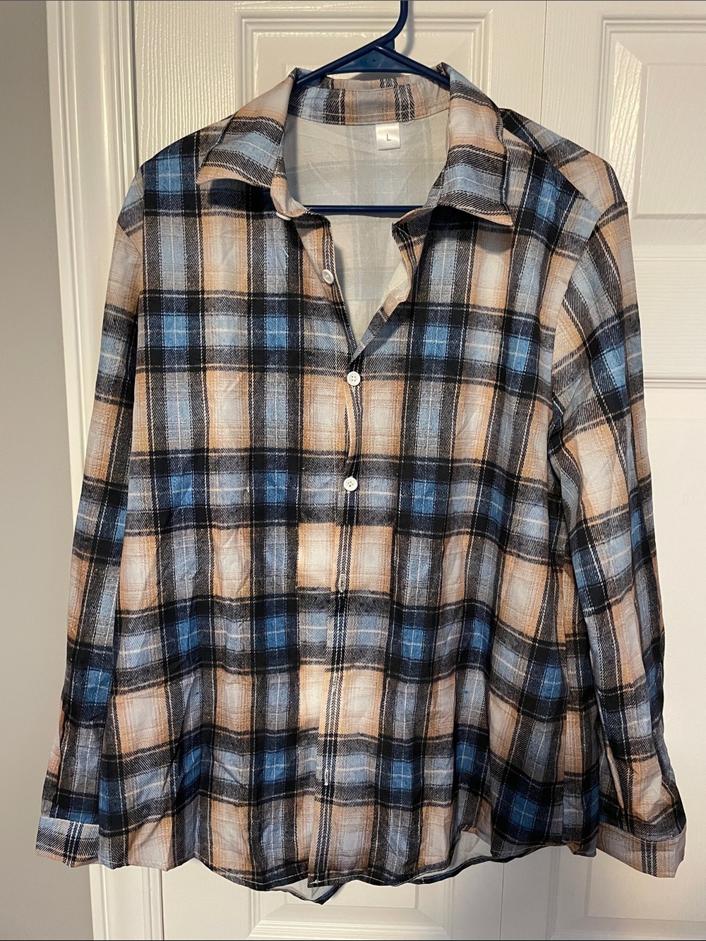 Men's Plaid Button-Up Shirt in Blue, Black & Tan